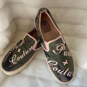 Juicy Couture olive green camouflage canvas slip on sneakers  pink accen…